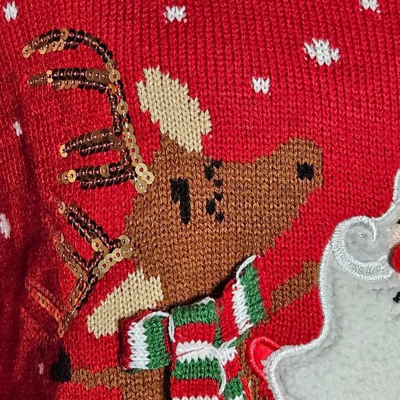 Karen Scott Santa Snowman Reindeer & Sequins Red Knit Ugly Christmas Sweater - Picture 3 of 12